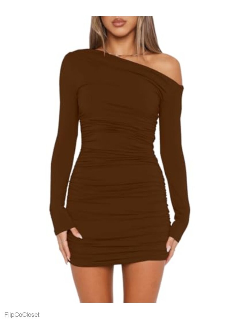 Off Shoulder Bodycon Mini Dress Long Sleeve Ruched Party Club